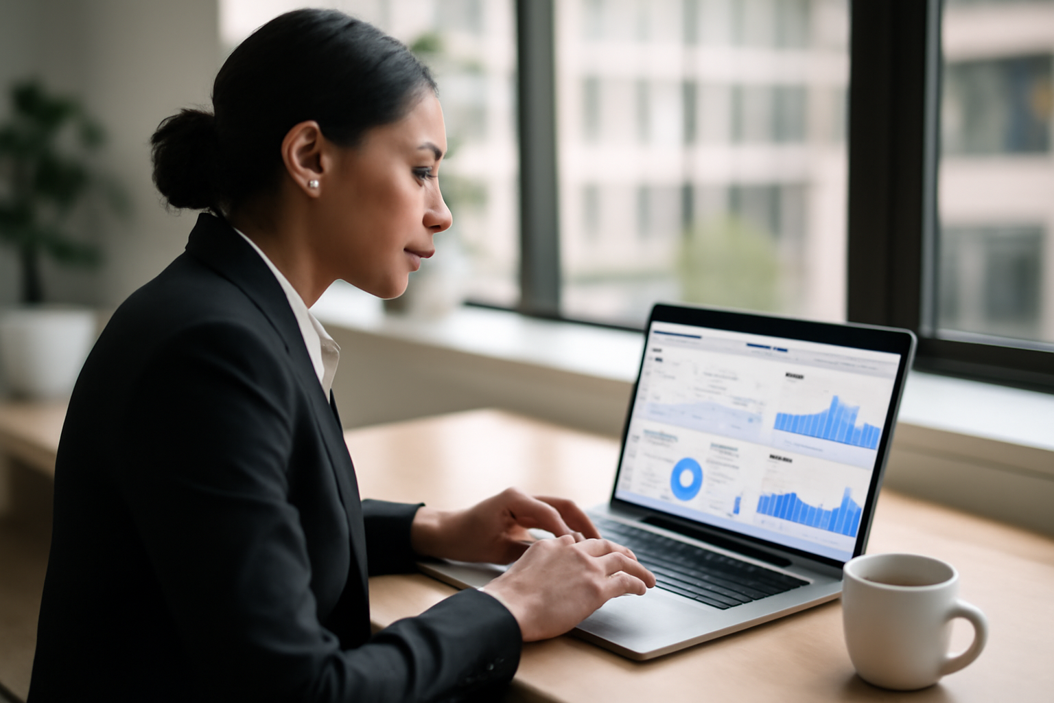 Dirigeante consultant un tableau de bord SaaS sur un ordinateur portable dans un bureau lumineux