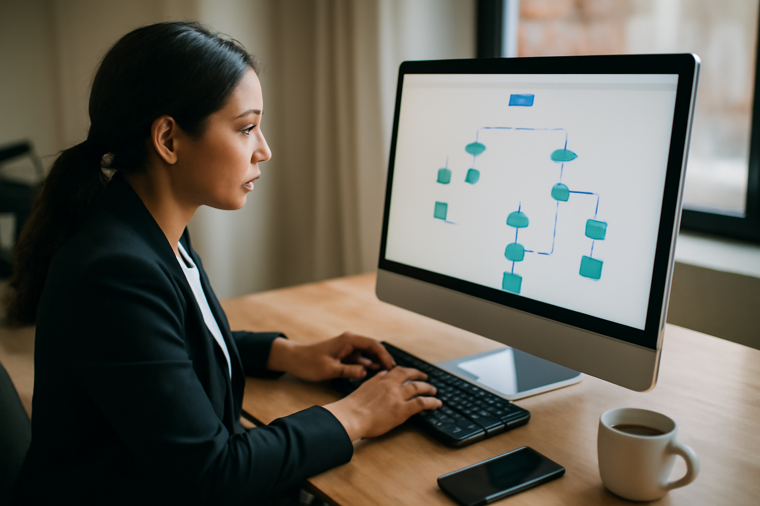 Dirigeante configurant un workflow email marketing automation sur ordinateur