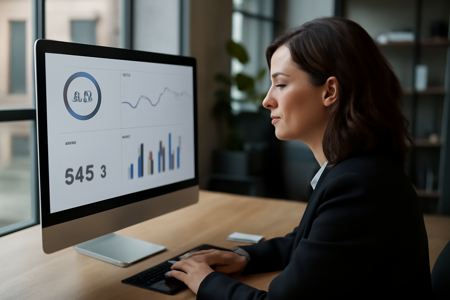 Graphiques analytics SaaS et métriques sur écran dans un bureau