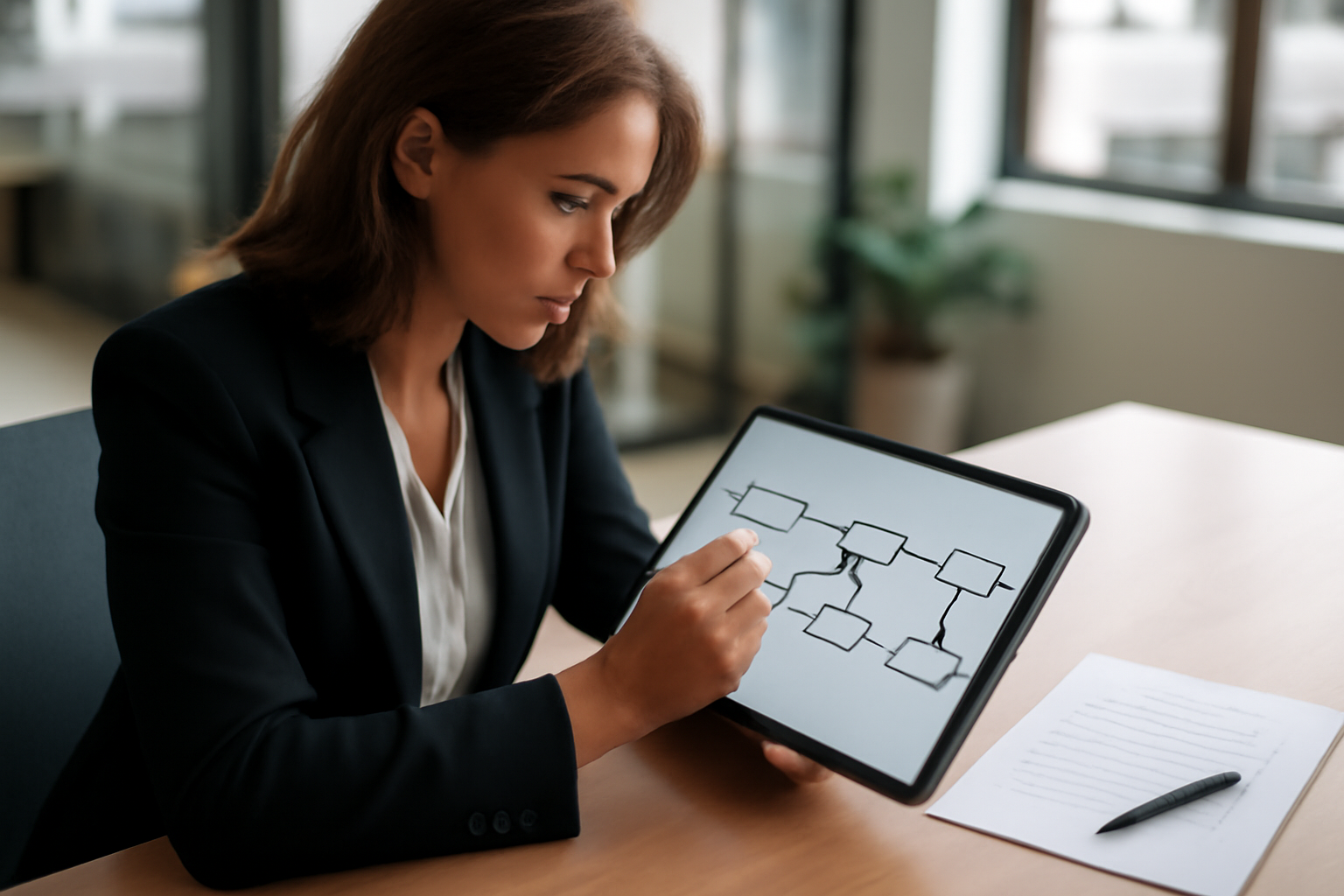 Dessin de workflow sur écran et checklist imprimée sur table