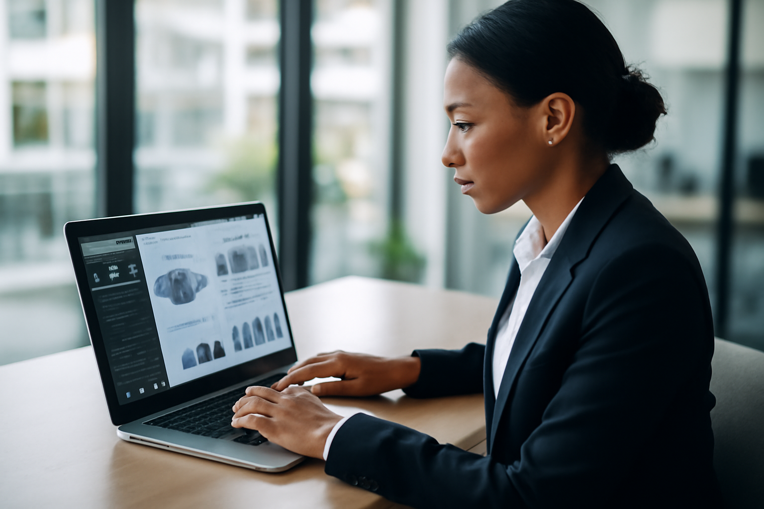Dirigeante consultant des tableaux de bord et un CRM sur un ordinateur portable dans un bureau lumineux