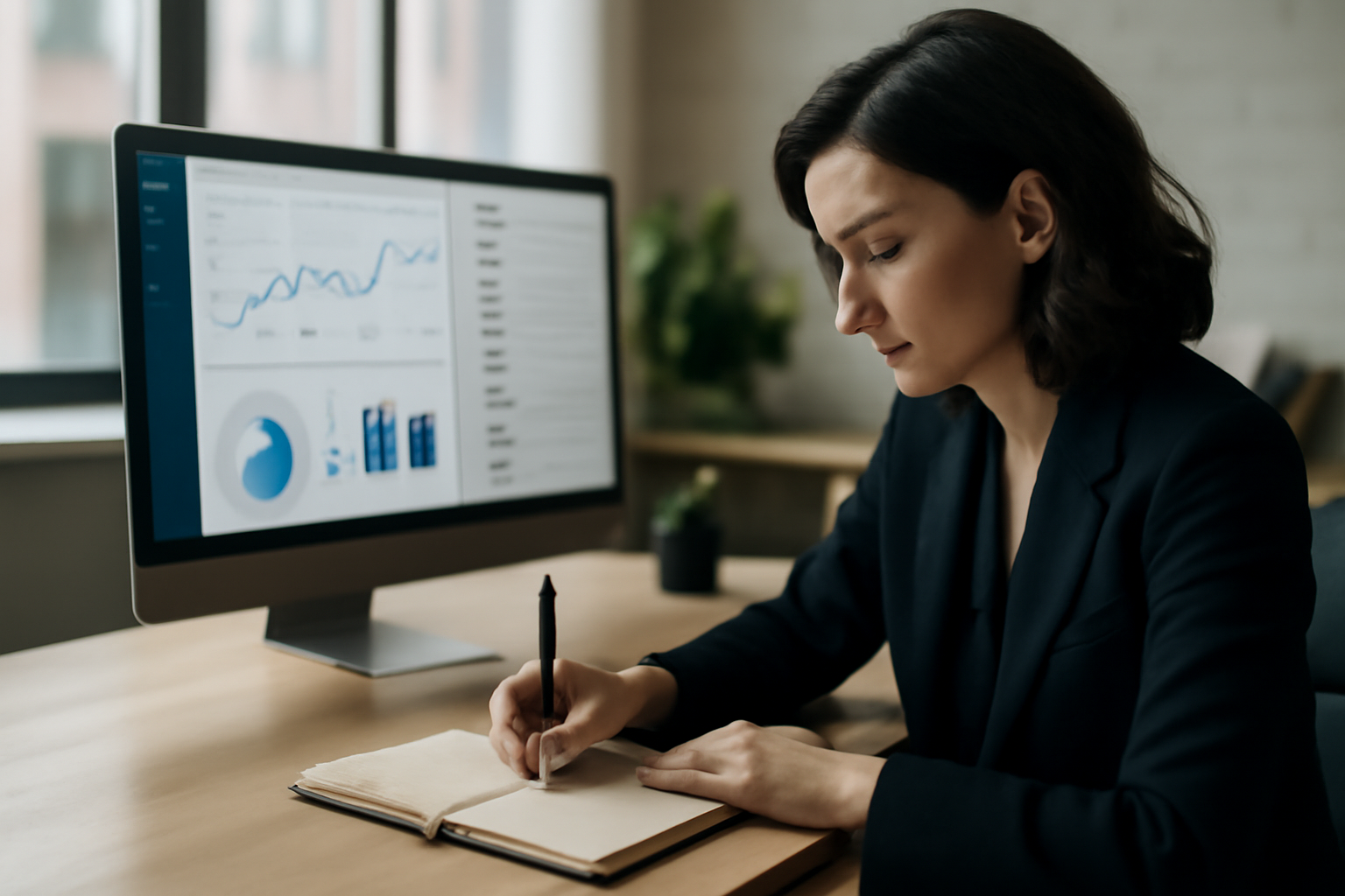 Tableau de bord analytics affiché sur un écran avec graphiques de conversion et notes sur un carnet dans un espace de travail