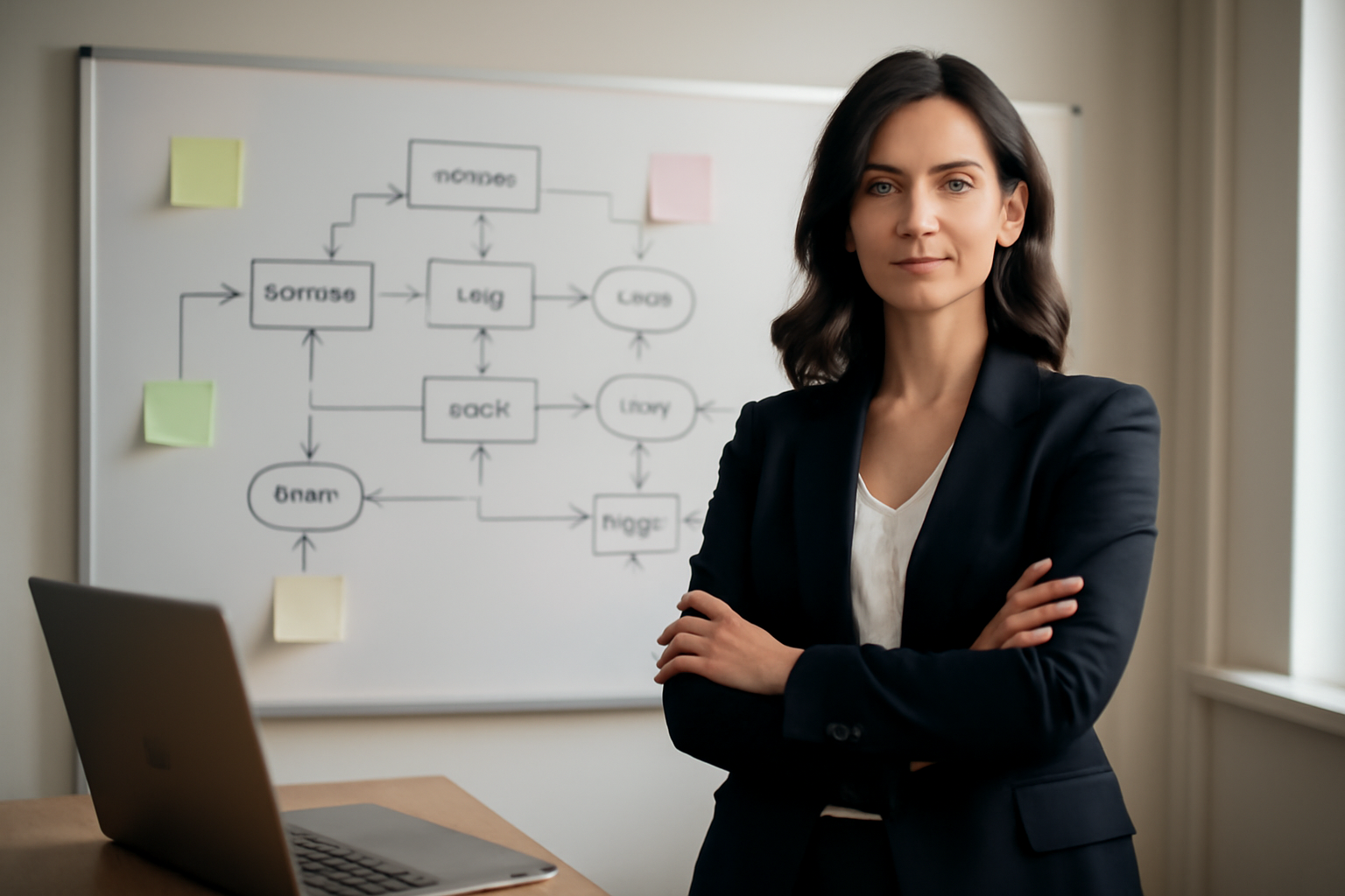 Dirigeante devant un tableau blanc avec un schéma de workflow marketing et des post-it, ambiance bureau professionnel