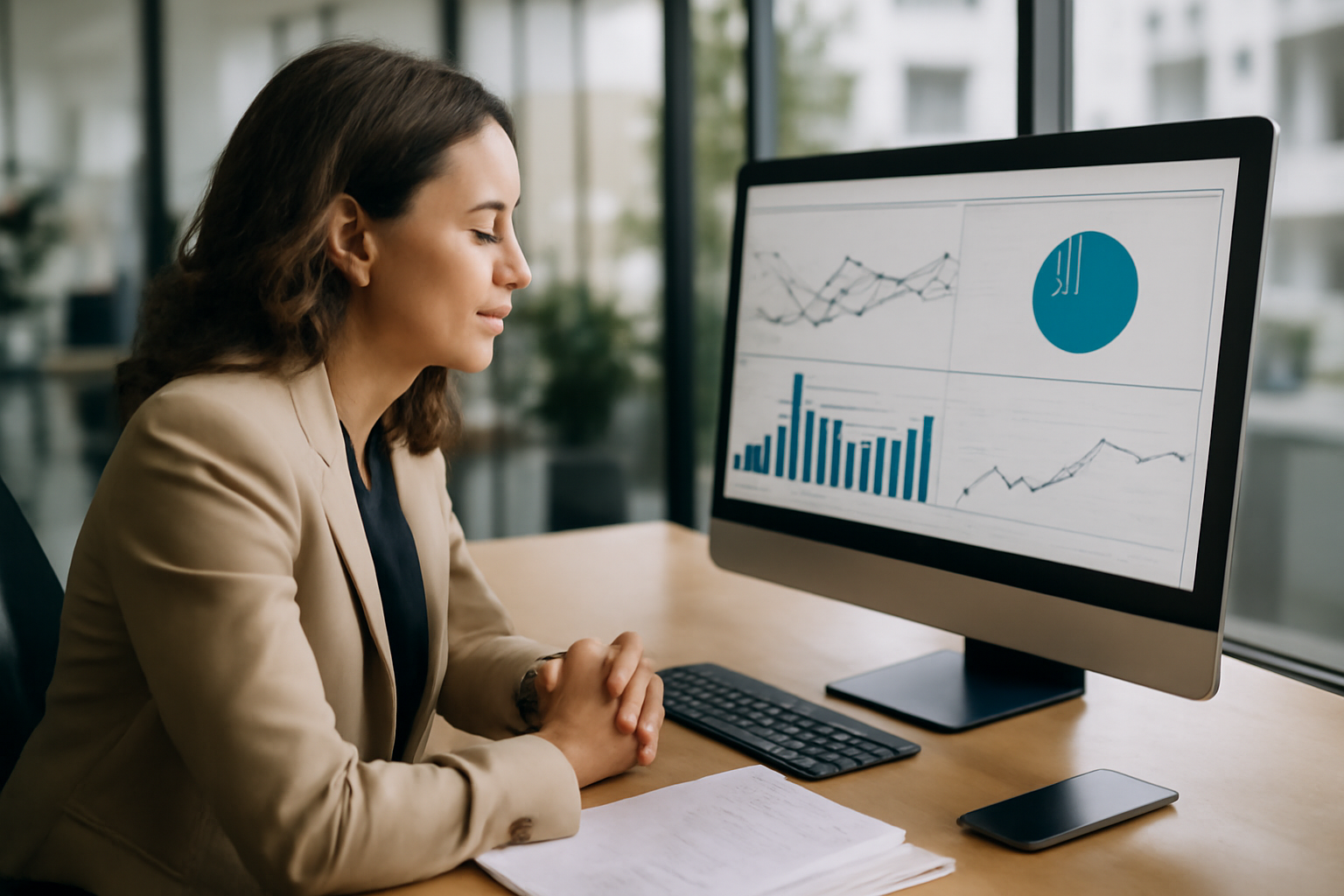 Écran d’analytics avec un dashboard SaaS dans un bureau lumineux, avec une responsable consultant des graphiques