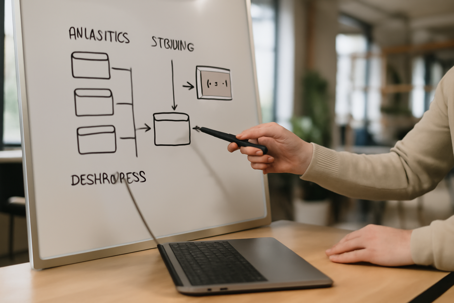 Schéma sur un tableau blanc montrant une architecture analytics avec collecte, stockage et dashboards, dans un espace de travail