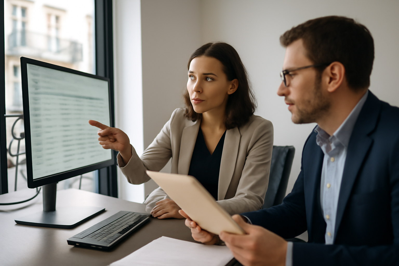 axa courtage avis : un conseiller en assurance et un client consultant des documents, lumière naturelle, bureau moderne en France