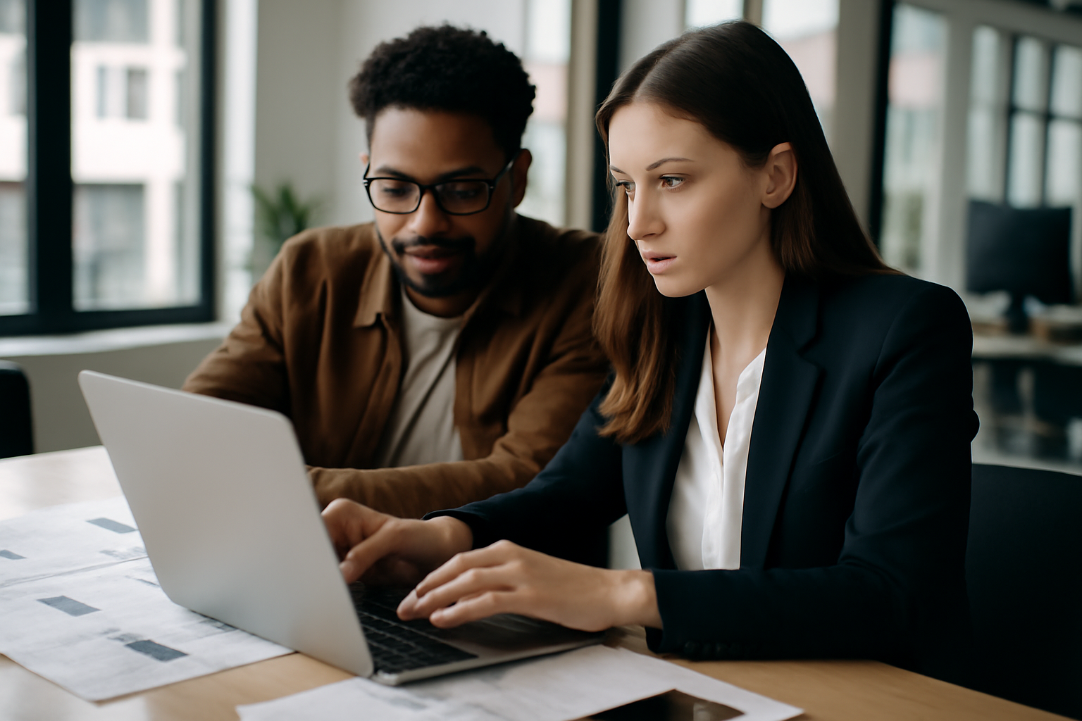 Équipe travaillant sur un ordinateur portable dans un bureau lumineux, documents de collaboration ouverts