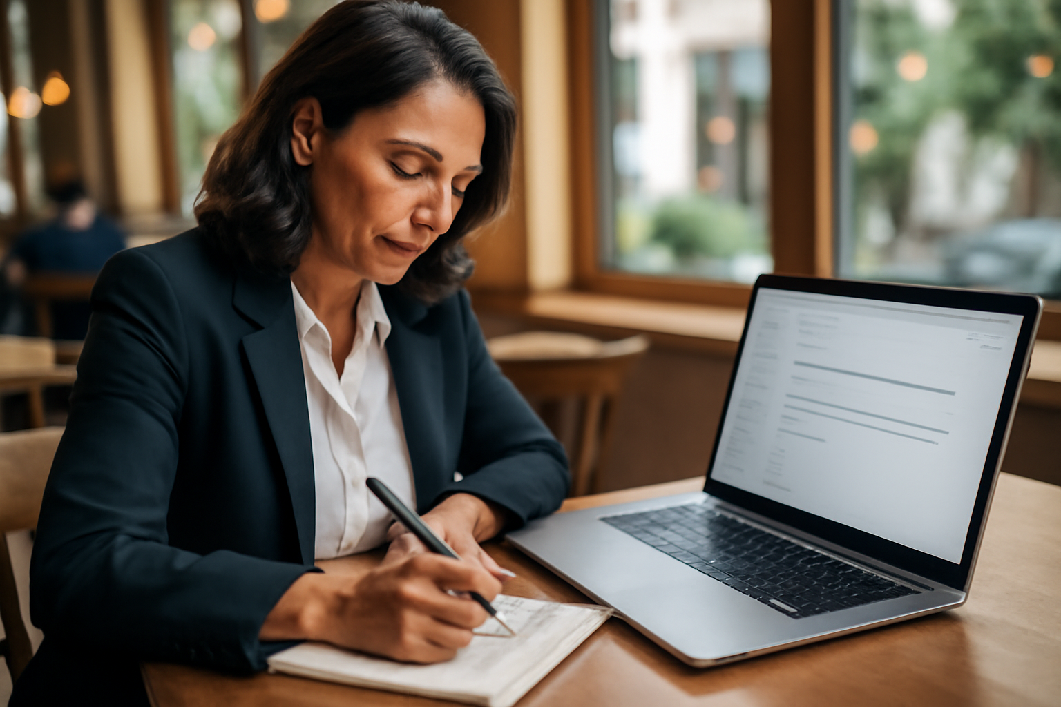 Personne prenant des notes lors d’un échange professionnel au café