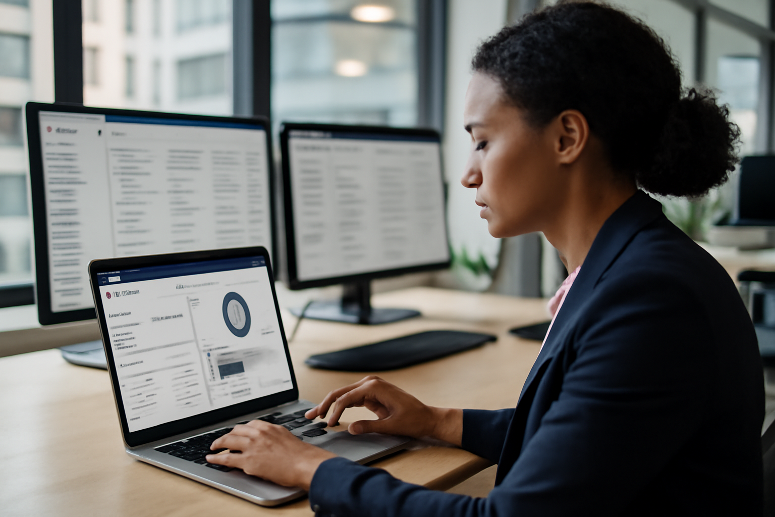 Équipe de dirigeantes consultant un tableau de bord CRM sur ordinateur portable dans un bureau lumineux