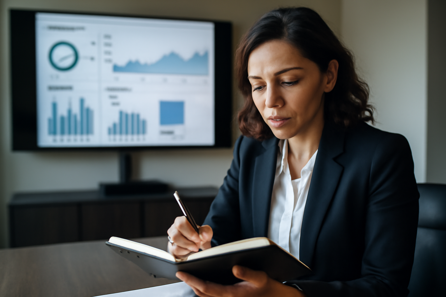 Dirigeante prenant des notes pendant une réunion, avec un tableau de bord marketing sur écran en arrière-plan