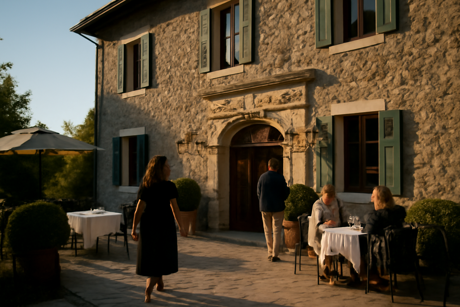 Façade du manoir de bellecombe à Grand-Aigueblanche, restaurant dans la Savoie, lumière de fin d’après-midi