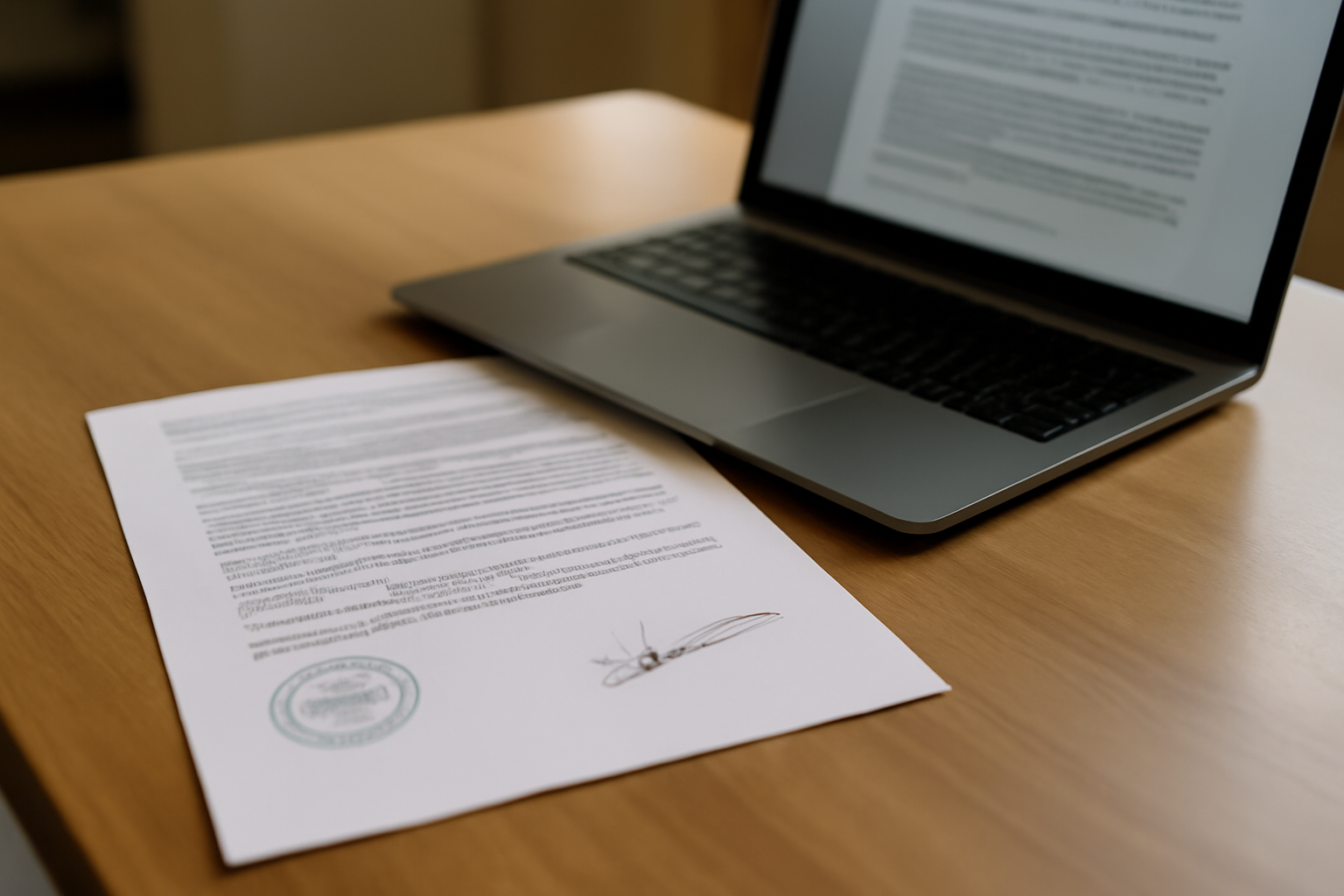 papier et cachet d'entreprise sur une table avec un ordinateur en arrière-plan