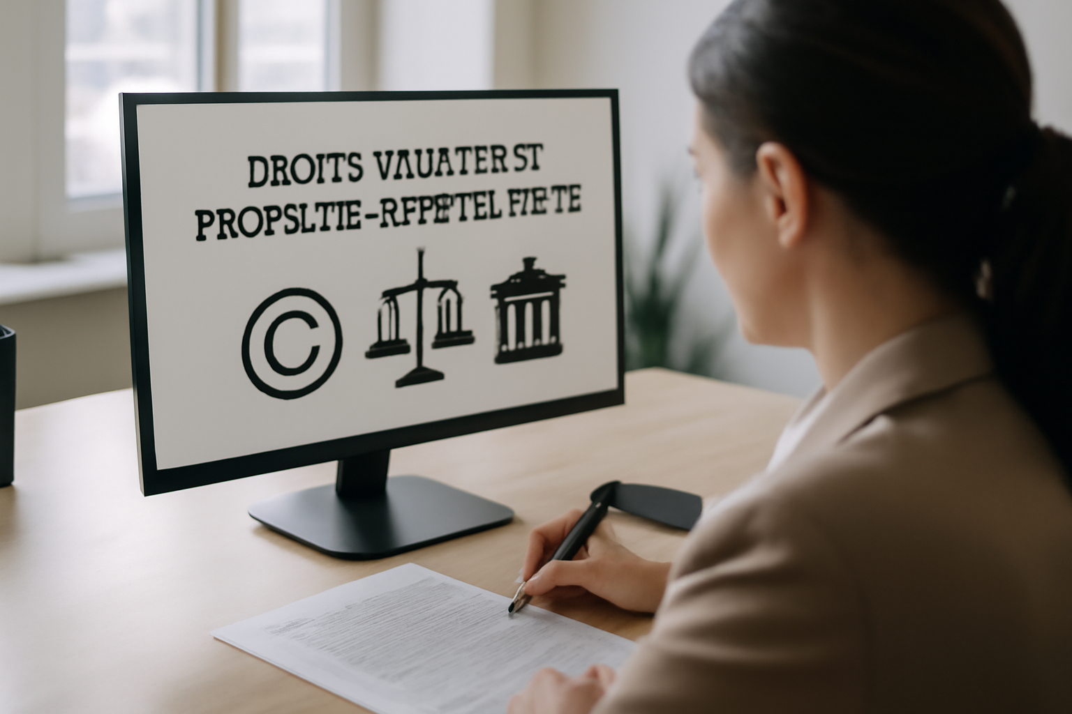 personne consultant un écran avec un document de droits d'auteur et des icônes de propriété intellectuelle