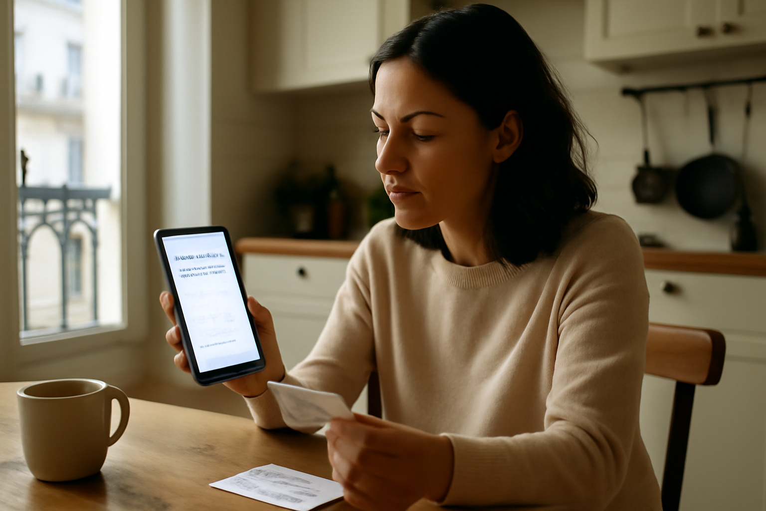pozcadeau carte cadeau multi-enseignes sur smartphone et code d’activation sur table, lumière naturelle