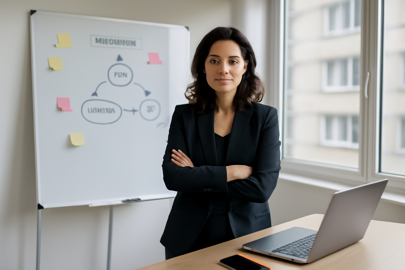 Dirigeante en réunion opérationnelle, devant un tableau blanc avec un workflow de délégation et des checklists