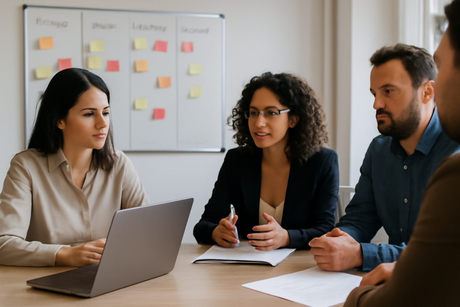 Équipe devant un tableau de suivi avec statuts de tâches, délais et responsables pour un workflow de production