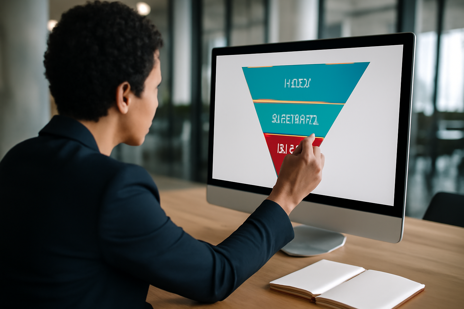 Graphique d'entonnoir de conversion sur écran avec étapes lead, rendez-vous et opportunité dans un environnement de travail