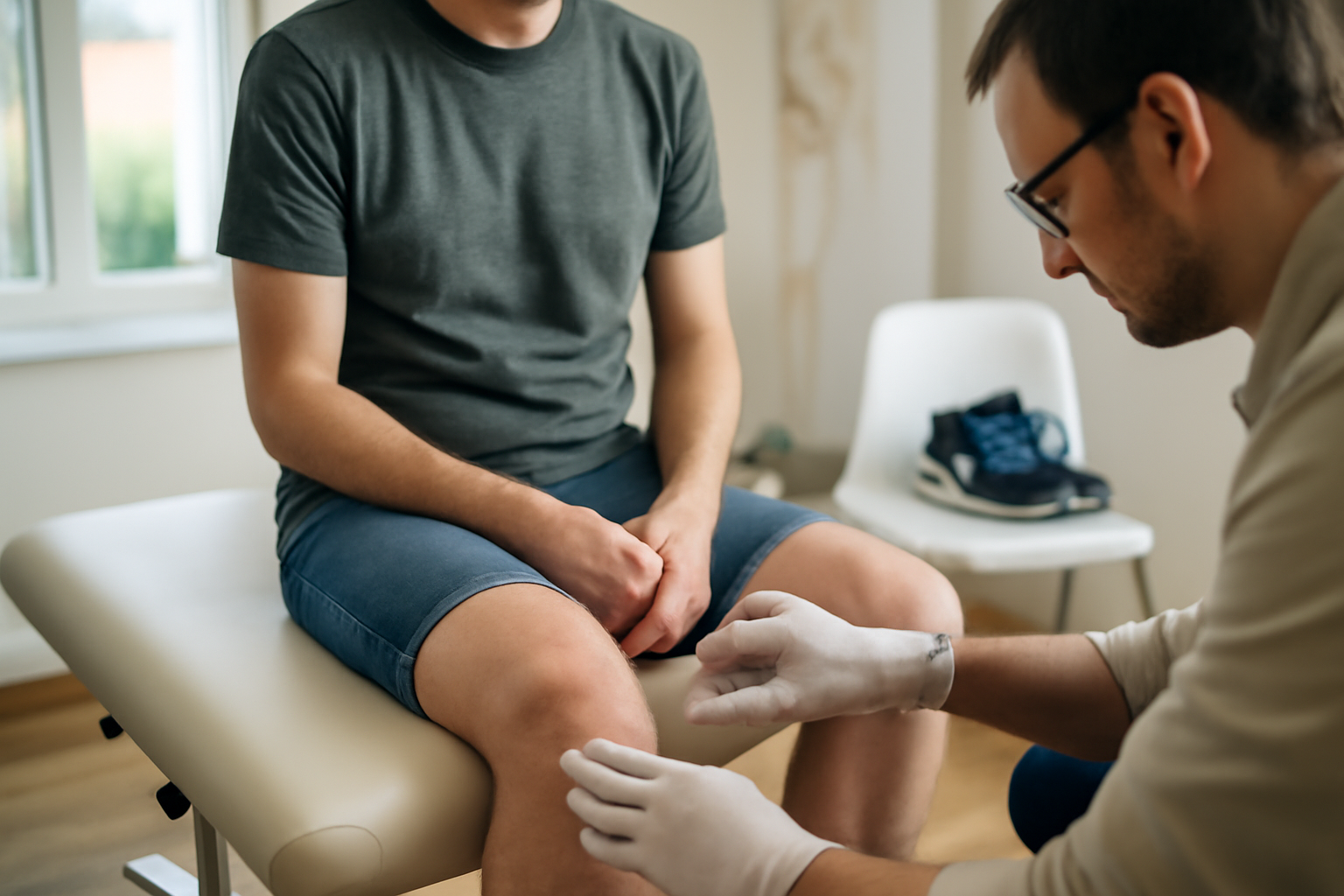 fracture de fatigue tibia : douleur localisée sur le tibia après effort, examen clinique et palpation