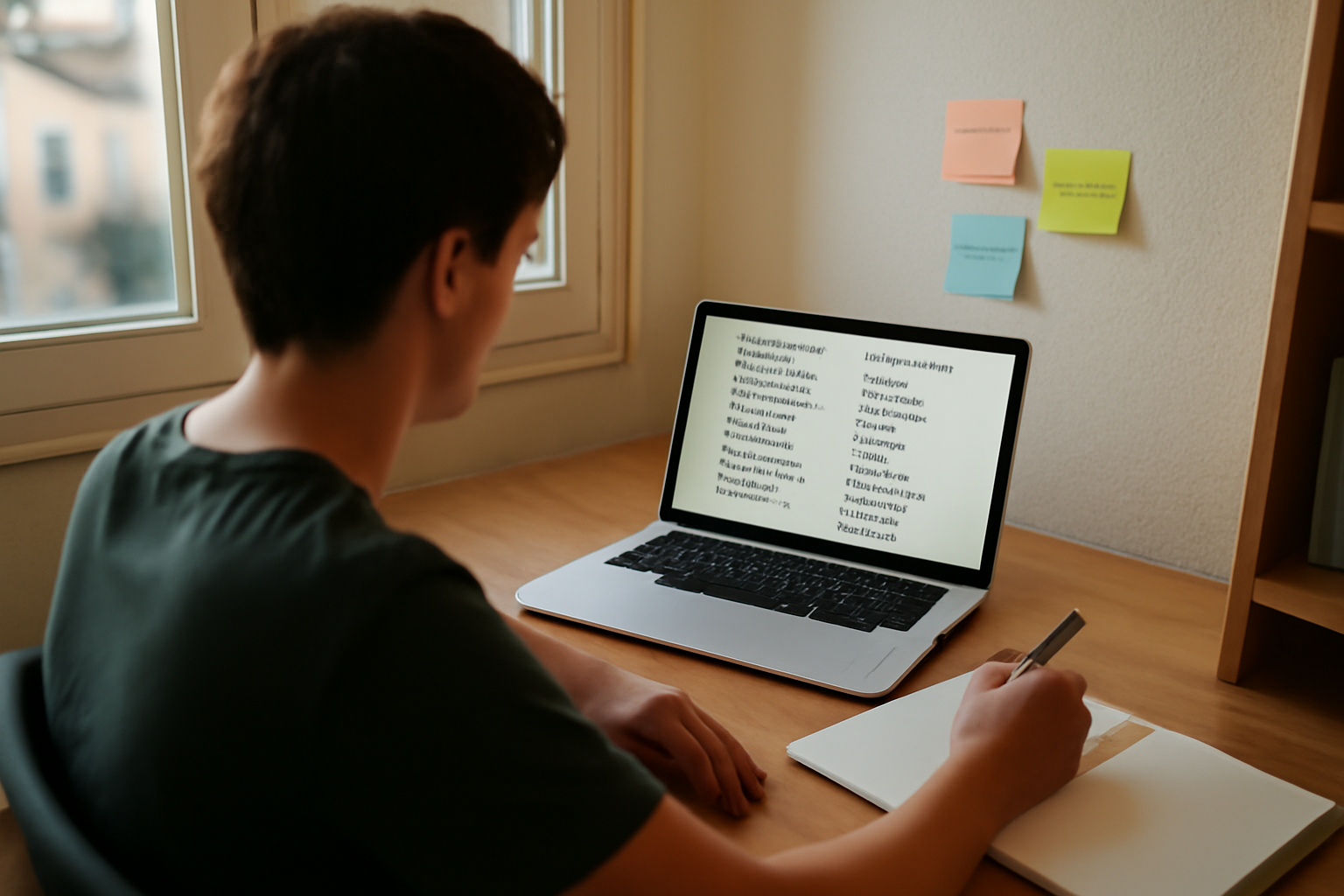 liste métiers oulala sur un bureau avec ordinateur et post-it en France, lumière naturelle, photo réaliste