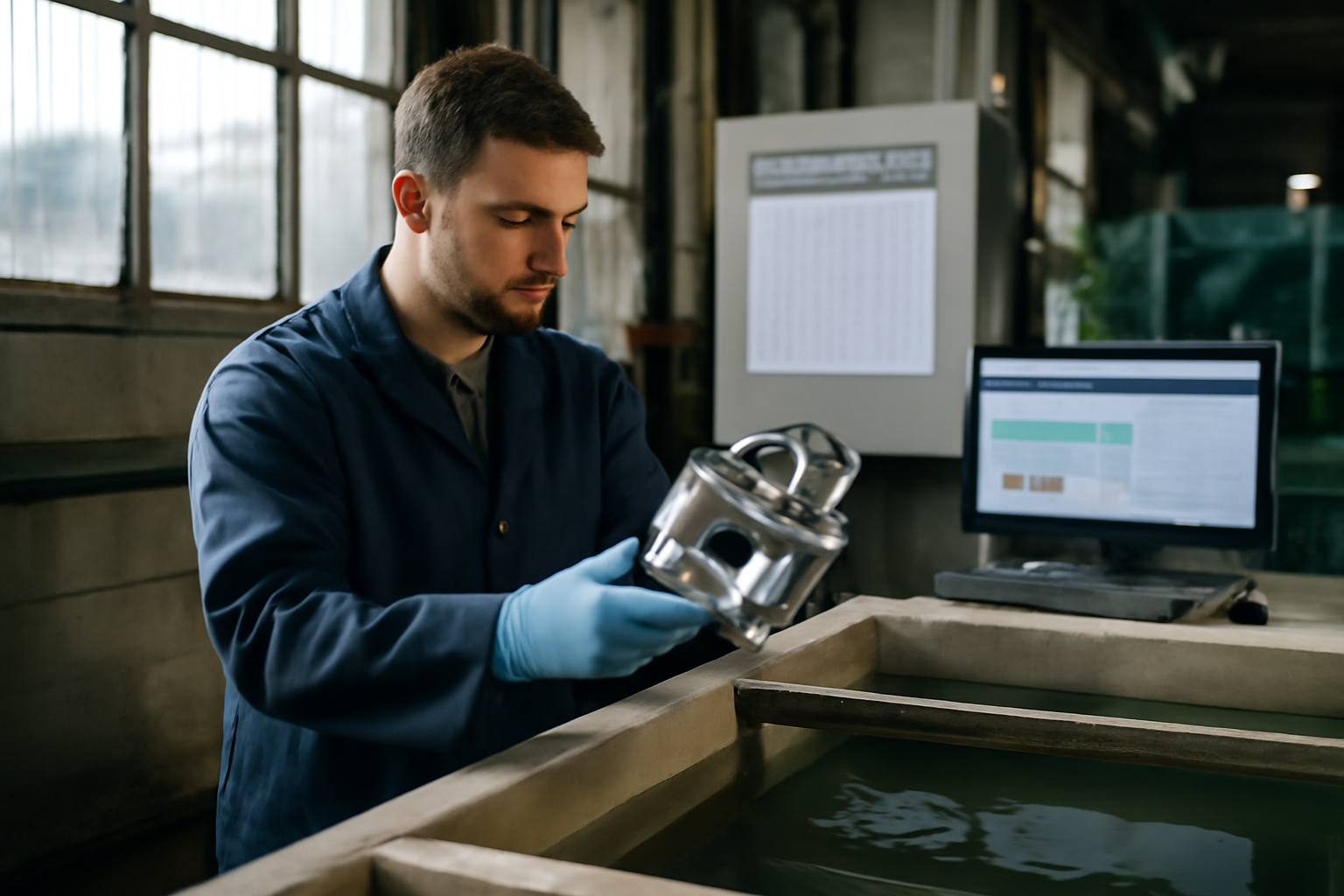 Pièces métalliques et opérateur vérifiant un traitement de surface lié à valplekar dans un atelier industriel