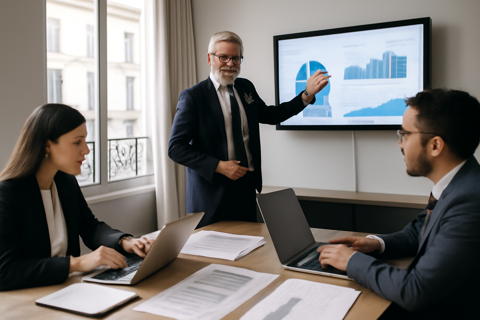 cadre senior consulting en réunion de cadrage avec tableau de bord et documents