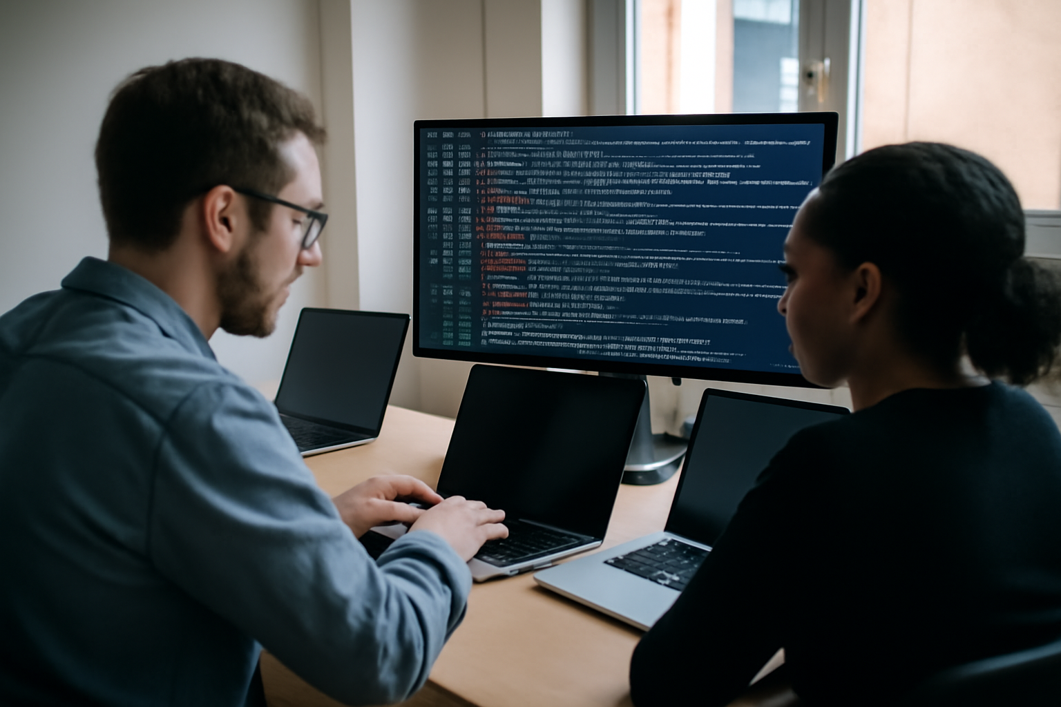 Formation en cybersécurité : apprenant avec PC et écrans de logs dans un laboratoire