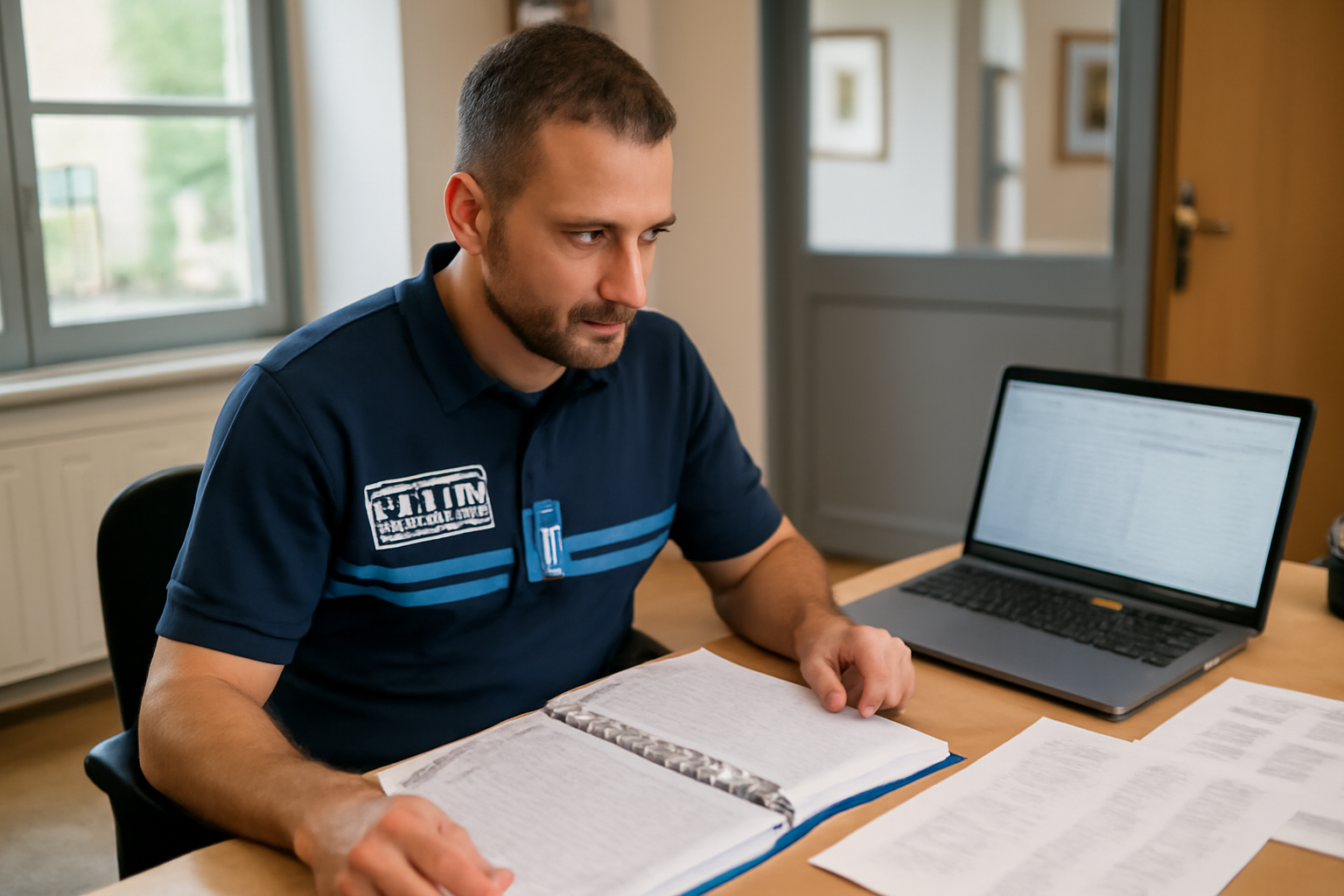 Agent de police municipale consultant une grille indiciaire sur un bureau, en mairie, lumière naturelle