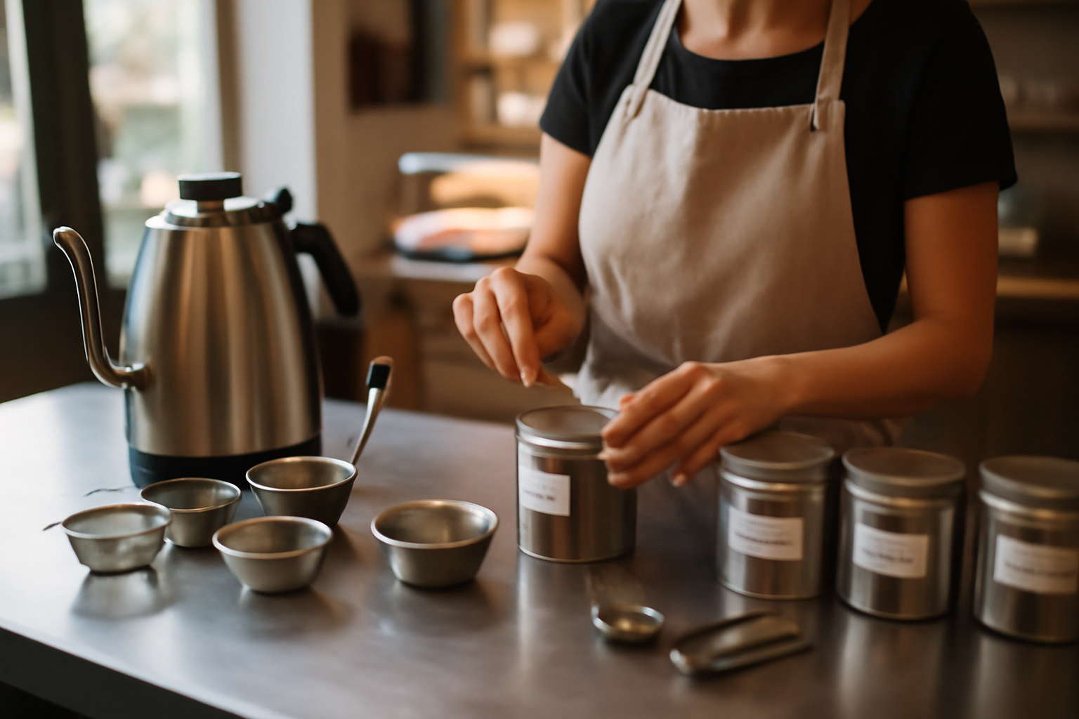 Matériel nécessaire pour ouvrir un salon de the : poste d’infusion avec bouilloire professionnelle, thermomètre et bocaux hermétiques