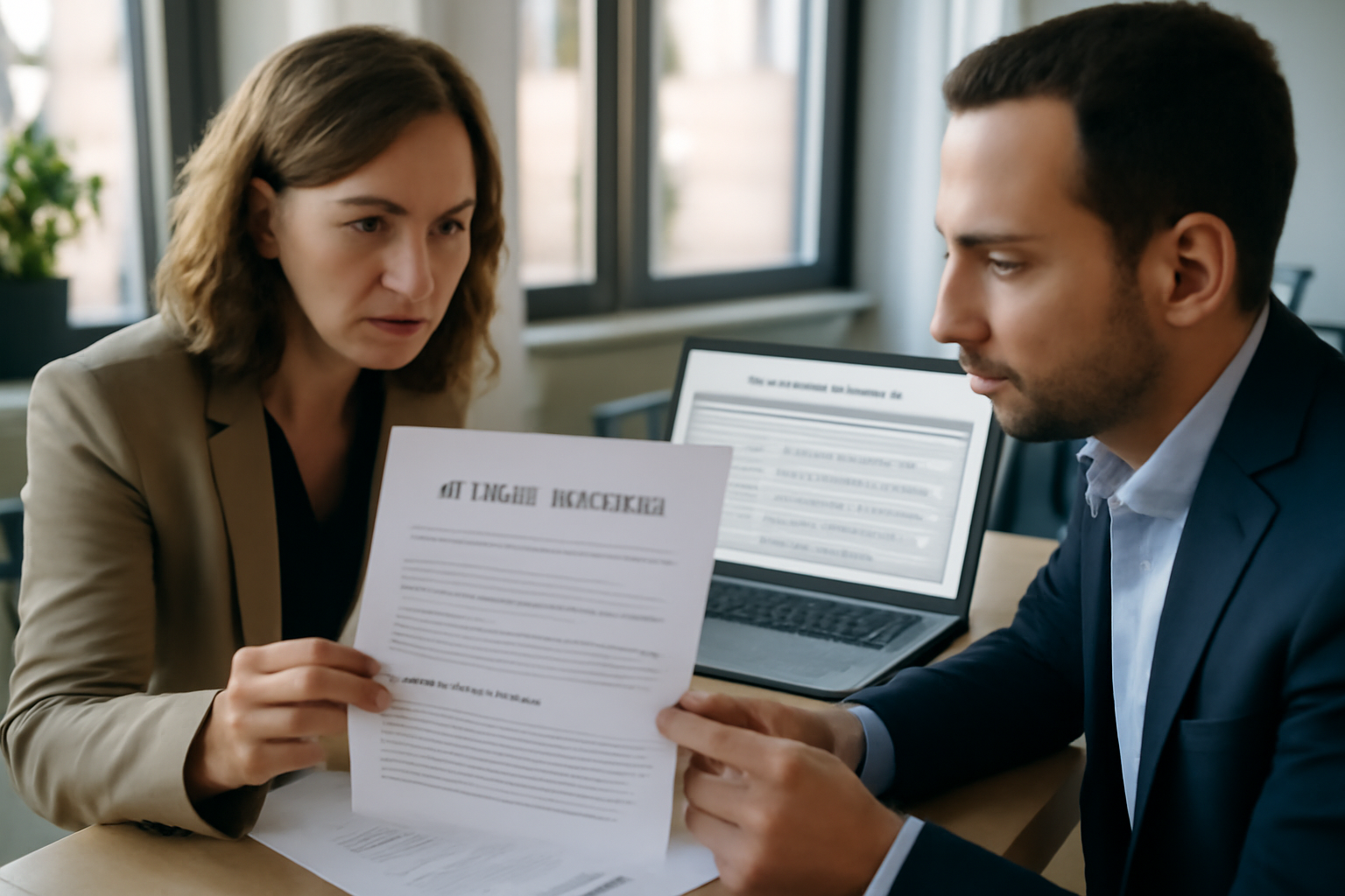 Modèle clause ticket restaurant dans le contrat de travail : manager et juriste relisent une clause sur un contrat papier à côté d’un ordinateur affichant les règles d’attribution