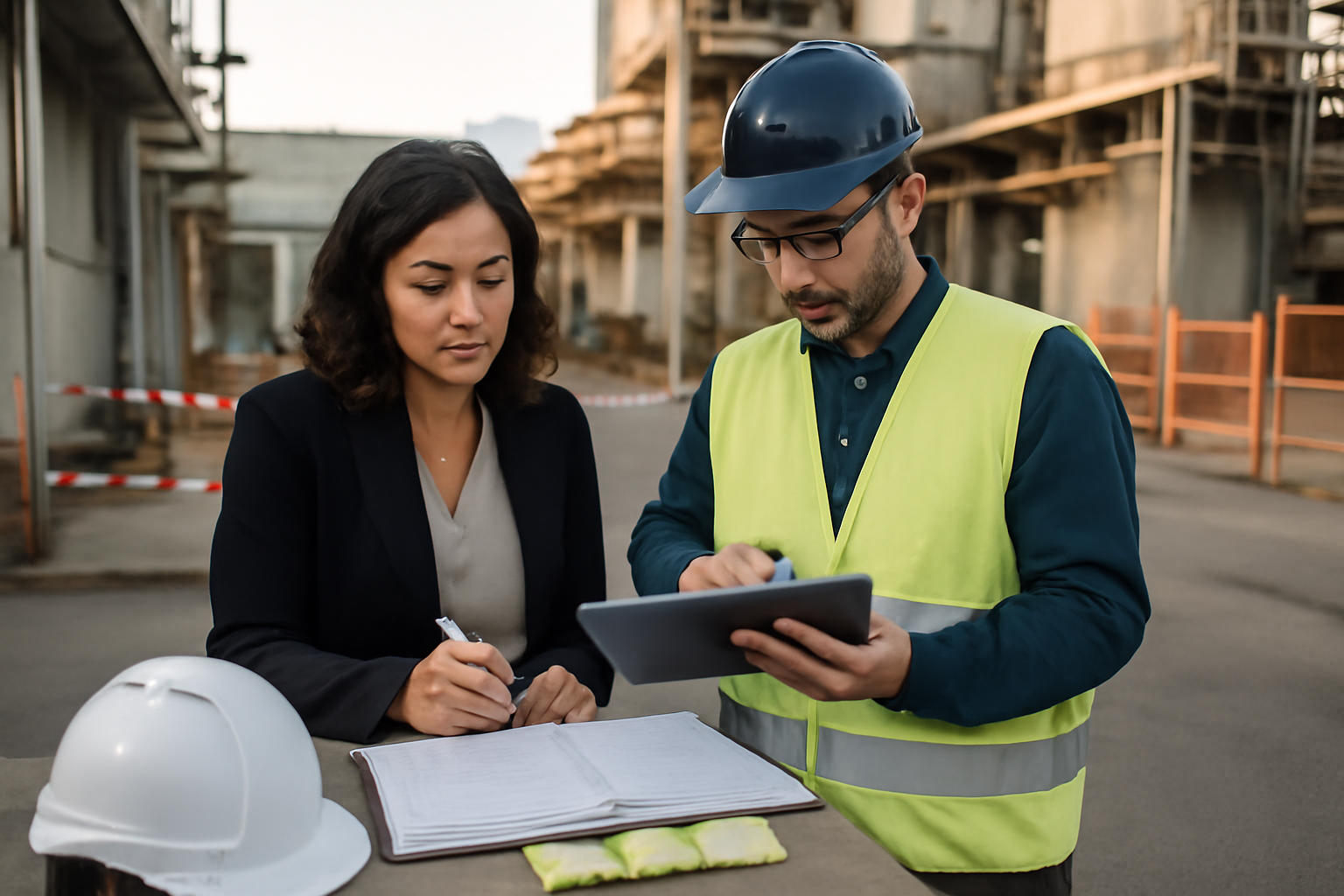 Équipe RH et HSE documentant un accident du travail sur site industriel, lumière naturelle, scène réaliste