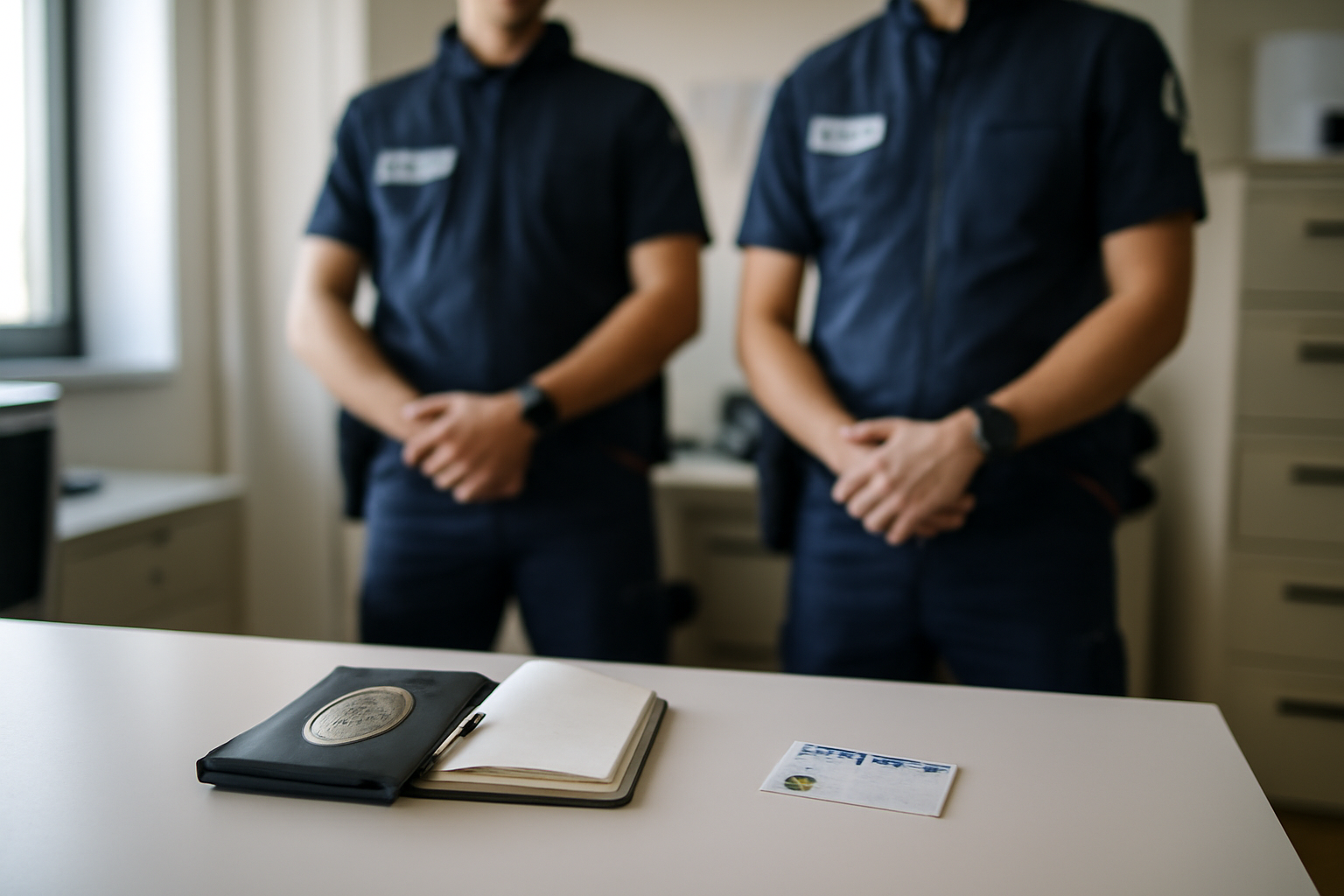 Uniforme de police nationale en service, badge et carnet de notes sur un bureau, lumière naturelle, France