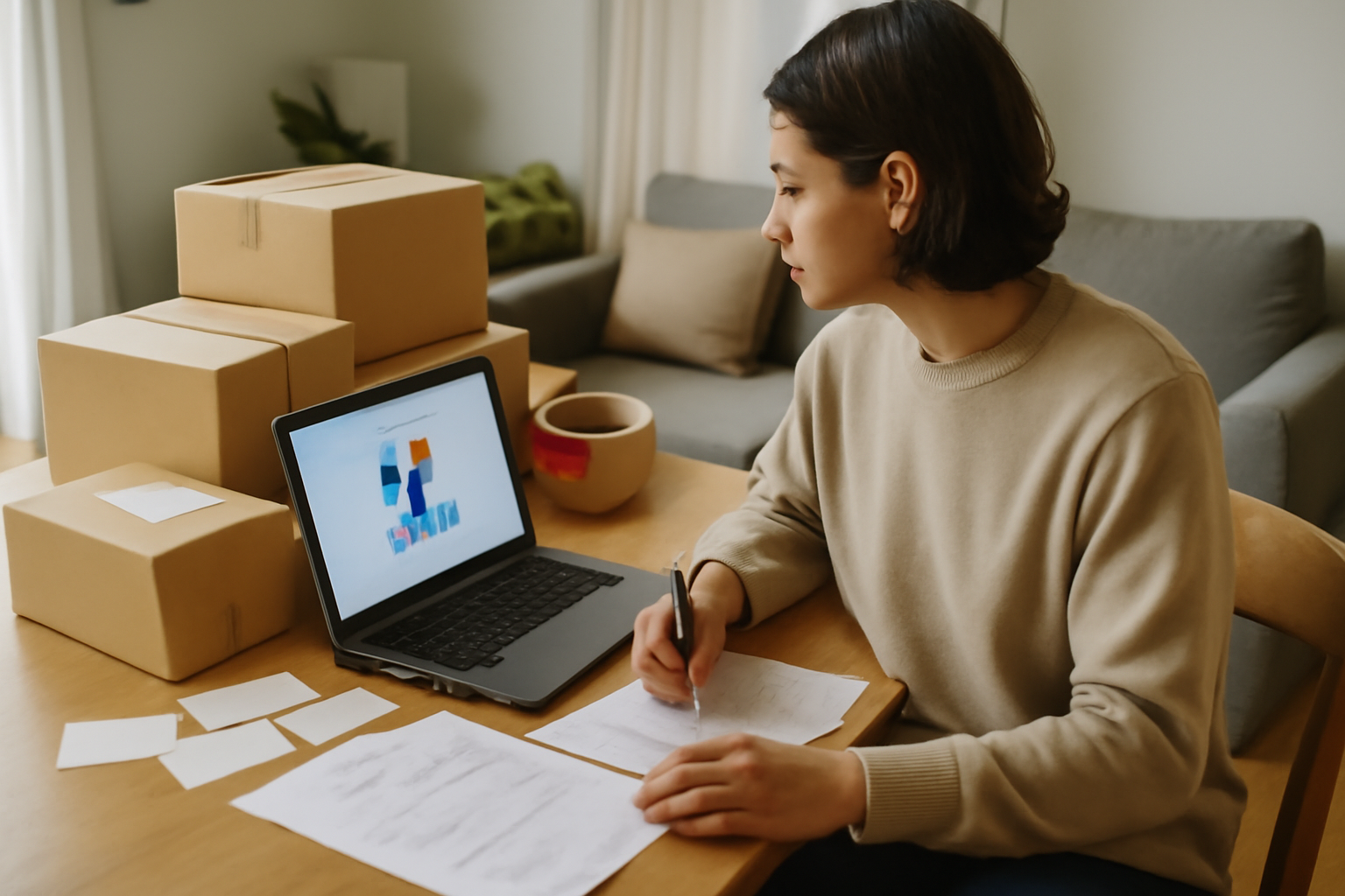 travail à domicile emballage pôle emploi : personne prépare des colis sur une table, cartons et étiquettes, lumière naturelle