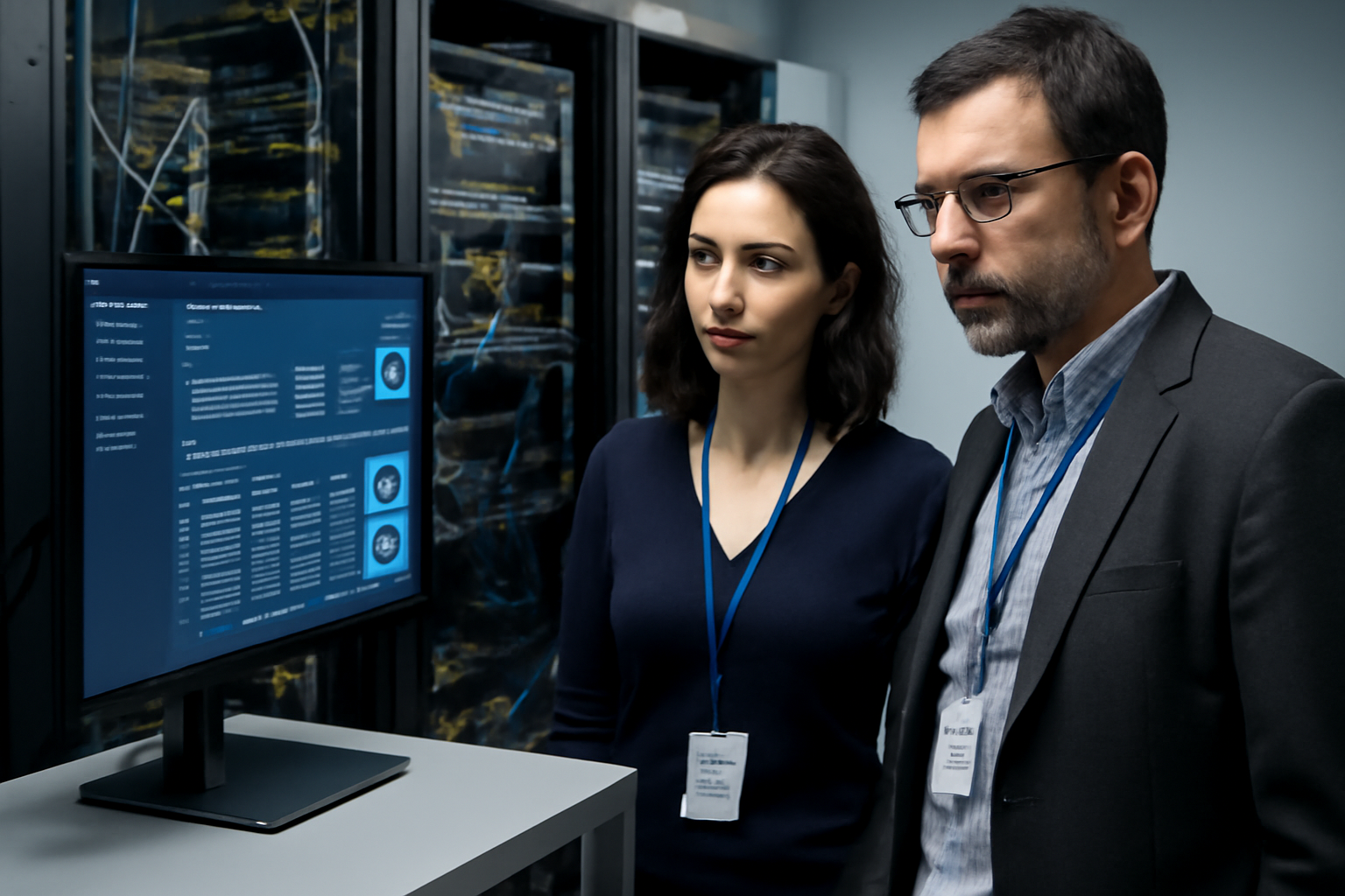 trusted data solutions : une équipe analyse des journaux d’accès sur un écran sécurisé dans une salle serveurs