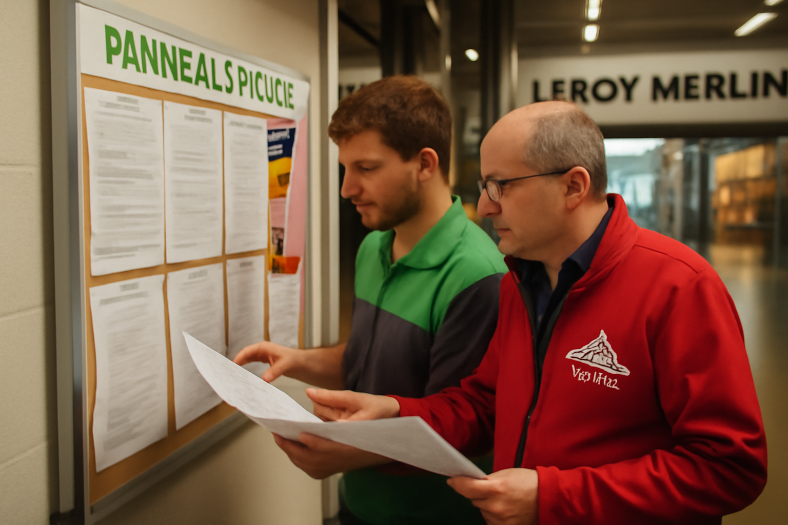 CFTC Leroy Merlin : élus CSE échangeant sur un panneau d’affichage syndical en magasin, lumière naturelle