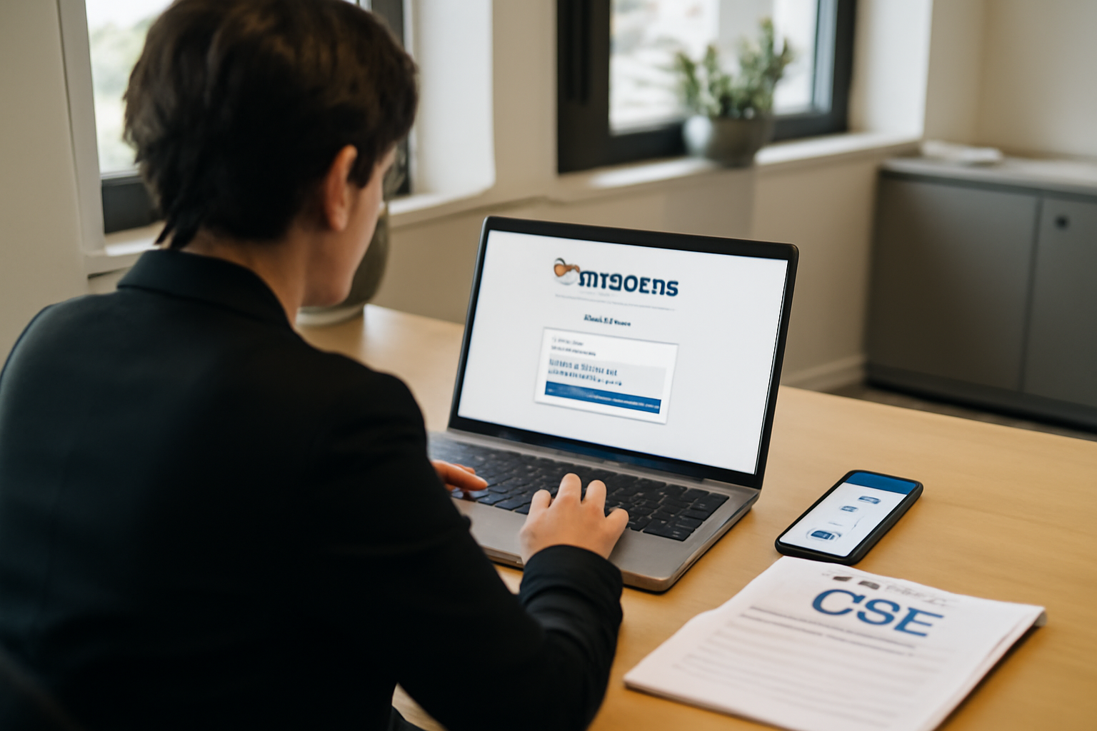 Portail advanGO sur ordinateur avec page de connexion pour un CSE, lumière naturelle, bureau