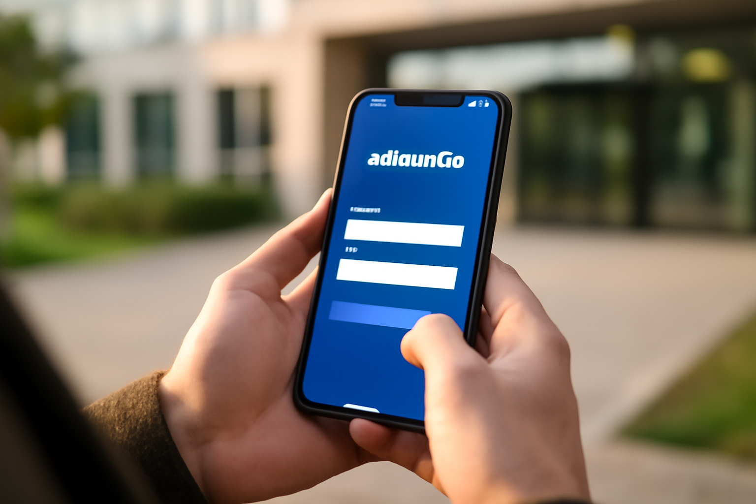 Smartphone affichant l’application advanGO avec écran de connexion, mains tenant le téléphone, lumière douce